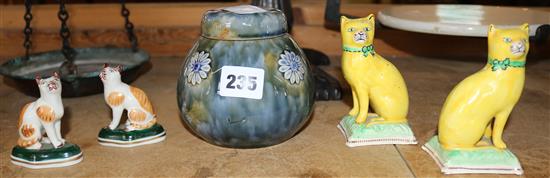 Doulton stoneware pot pourri jar and cover, 2 pairs porcelain cats